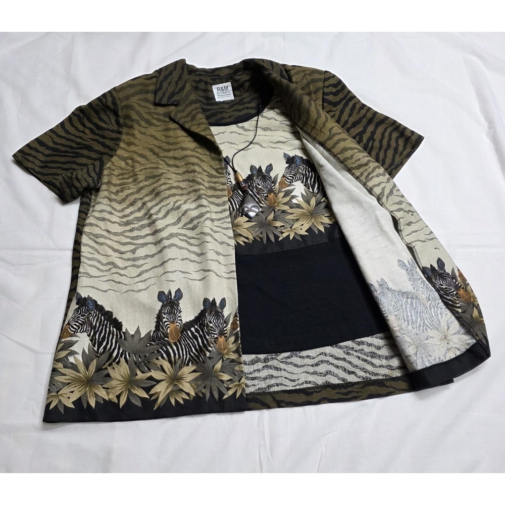 R&M Richards Shirt Jacket Womens Large Brown Zebra Print 2 Piece Necklace Set